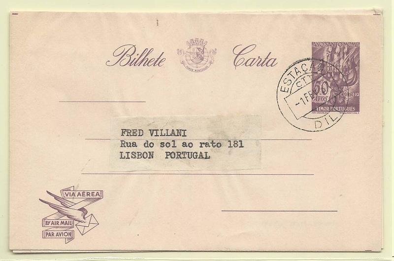 1913.jpg -     Lote:    1913      Lotes pelo Correio       Timor       Descrição:         1951 &mdash; Ano Santo. Bilhetes.cartas do correio aéreo. OM &frac12;, 50 e 70 avos. Lote dos dois inteiros circulados de Dili (01.02.51) para Lisboa.        IC       Valor Base:     &euro; 12,00     Valor Venda:     Retirado     