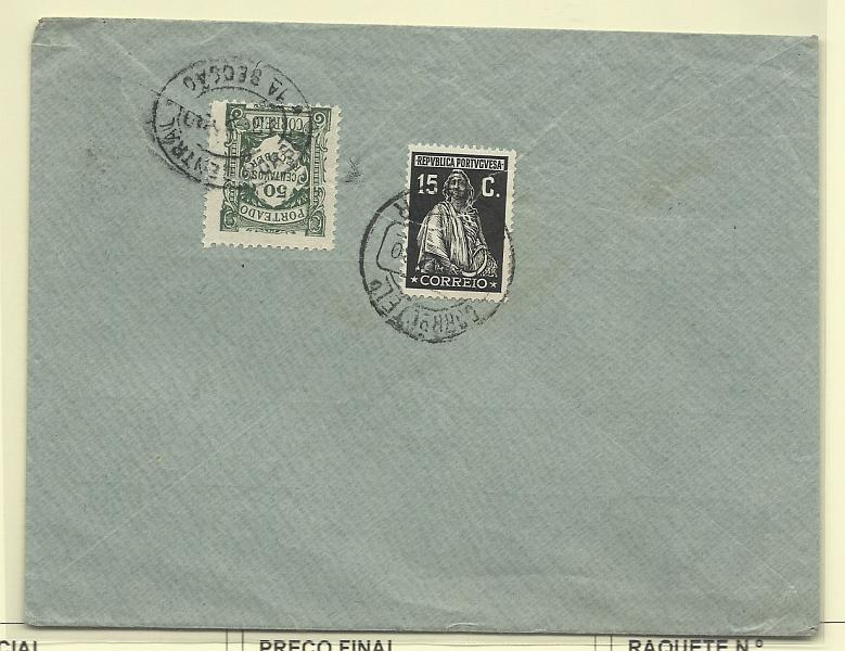 1916.jpg -     Lote:    1916      Lotes pelo Correio              Descrição:         Porteados. 1922/27 &mdash; Emissão regular. Unicolor. Sobrescrito circulado de Rio Maior (02.02.30) para Lisboa com insuficiência de franquia. Porteado no dobro do porte em falta com selo de 50c verde CE POR40.        Carta       Valor Base:     &euro; 5,00     Valor Venda:     Retirado     