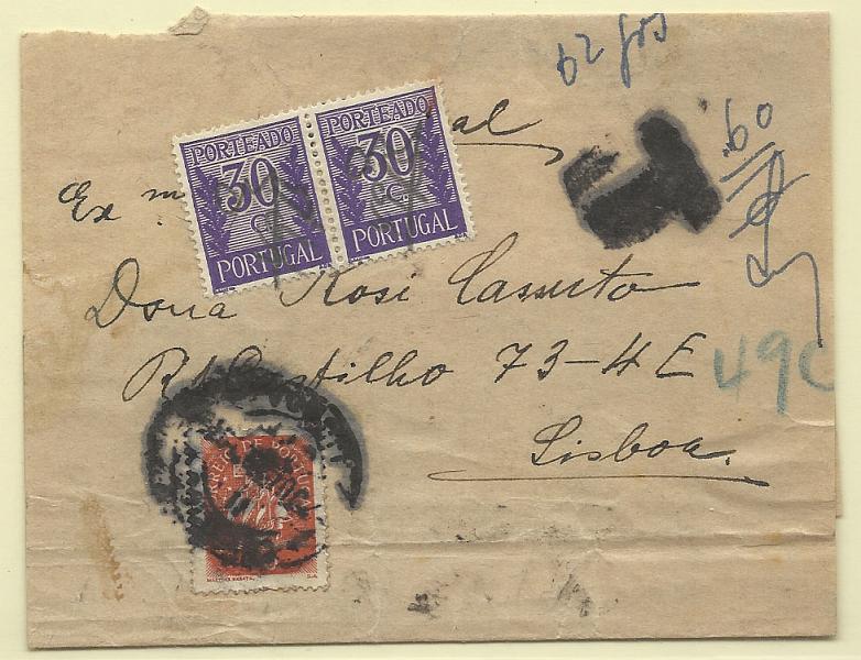 1919.jpg -     Lote:    1919      Lotes pelo Correio              Descrição:         1943 &mdash; Caravela. CE616, 10c em cinta de jornal circulada em Lisboa (07.10.??) com insuficiência de franquia. Porteado em 60c com dois selos de 30c CE POR57.        CNT       Valor Base:     &euro; 4,00     Valor Venda:     Retirado     