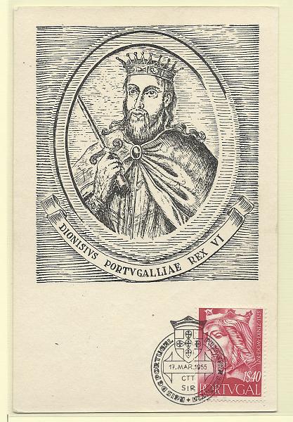 1920.jpg -     Lote:    1920      Lotes pelo Correio              Descrição:         D. Diniz (Reis de Portugal &mdash; 1.ª Dinastia). Postal ilustrado concordante com selo de 1$40 CE811, obliterados com carimbo de 1.º dia de circulação do SIR (17.03.55).        PM       Valor Base:     &euro; 20,00     Valor Venda:     Retirado     