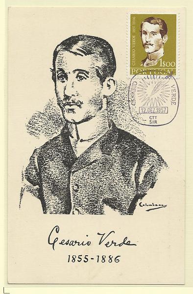 1921.jpg -     Lote:    1921      Lotes pelo Correio              Descrição:         Cesário Verde. Postal ilustrado concordante com selo de 1$00 CE831, obliterados com carimbo de 1.º dia de circulação do SIR (12.12.57).        PM       Valor Base:     &euro; 20,00     Valor Venda:     Retirado     