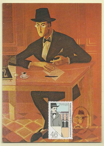 1932.jpg -     Lote:    1932      Lotes pelo Correio              Descrição:         Fernando Pessoa. Postal ilustrado concordante com selo CE1735, obliterados com carimbo de 1.º dia de circulação de Lisboa (02.10.85).        PM       Valor Base:     &euro; 8,00     Valor Venda:     Retirado     