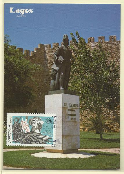 1937.jpg -     Lote:    1937      Lotes pelo Correio              Descrição:         Gil Eanes. Postal ilustrado concordante com selo CE1676, obliterados com carimbo de 1.º dia de circulação de Lagos (24.09.84).        PM       Valor Base:     &euro; 6,00     Valor Venda:     Retirado     