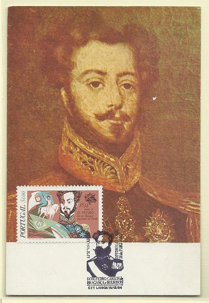 1938.jpg -     Lote:    1938      Lotes pelo Correio              Descrição:         D. Pedro V. Postal ilustrado concordante com selo CE1677, obliterados com carimbo de 1.º dia de circulação de Lisboa (24.09.84).        PM       Valor Base:     &euro; 12,00     Valor Venda:     Retirado     
