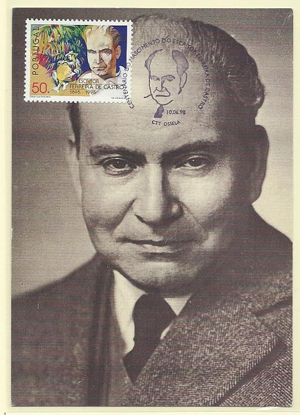 1939.jpg -     Lote:    1939      Lotes pelo Correio              Descrição:         Ferreira de Castro. Postal ilustrado concordante com selo CE2515, obliterados com carimbo de 1.º dia de circulação de Lisboa (10.06.98).        PM       Valor Base:     &euro; 12,00     Valor Venda:     &euro; 12,00       