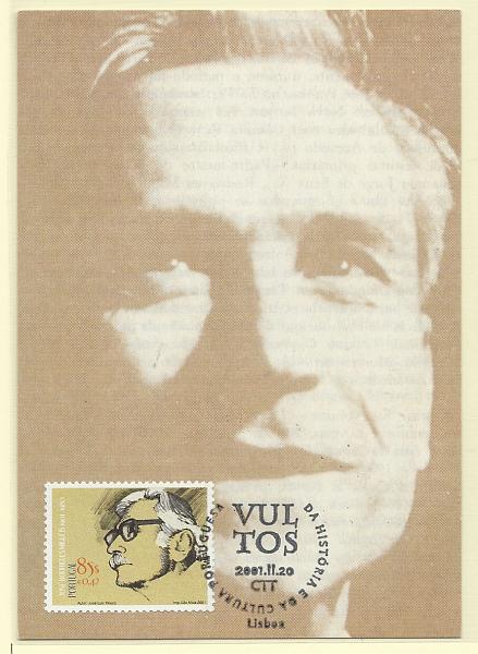 1940.jpg -     Lote:    1940      Lotes pelo Correio              Descrição:         José Rodrigues Miguéis. Postal ilustrado concordante com selo CE2740, obliterados com carimbo de 1.º dia de circulação (20.11.2001).        PM       Valor Base:     &euro; 8,00     Valor Venda:     Retirado     