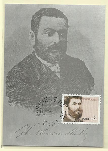 1942.jpg -     Lote:    1942      Lotes pelo Correio              Descrição:         Oliveira Martins (1.º Centenário da morte). Postal ilustrado concordantes com selo CE2186, obliterado com carimbo de 1.º dia de circulação de Lisboa (21.02.94).        PM       Valor Base:     &euro; 7,00     Valor Venda:     Retirado     