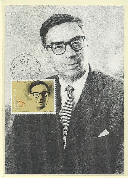1948.jpg -     Lote:    1948      Lotes pelo Correio              Descrição:         Vitorino Nemésio. Postal ilustrado concordante com selo CE2741, obliterados com marca de dia de Praia da Vitória (10.05.2001).        PM       Valor Base:     &euro; 10,00     Valor Venda:     Retirado     