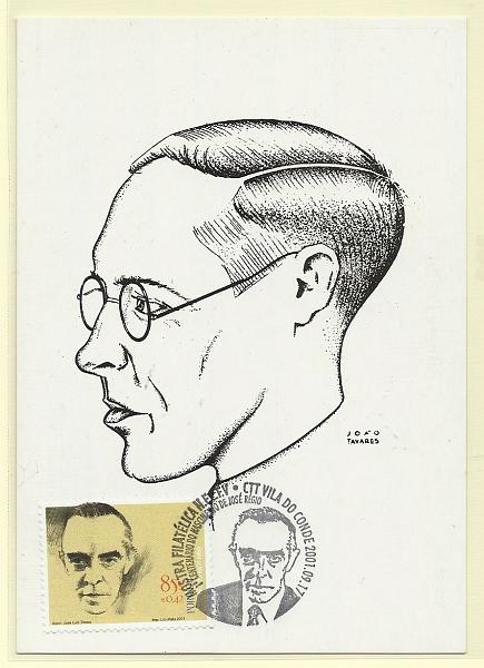 1950.jpg -     Lote:    1950      Lotes pelo Correio              Descrição:         José Régio. Postal ilustrado concordante com selo CE2739, obliterados com carimbo comemorativo de Vila do Conde (Mostra Filatélica" (17.09.2001).        PM       Valor Base:     &euro; 12,00     Valor Venda:     Retirado     