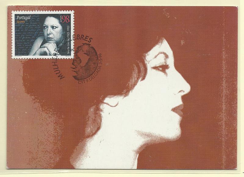 1951.jpg -     Lote:    1951      Lotes pelo Correio              Descrição:         Natália Correia. Postal ilustrado concordante com selo CE2335, obliterados com carimbo de 1.º dia de circulação de Ponta Delgada (03.05.96).        PM       Valor Base:     &euro; 9,00     Valor Venda:     Retirado     