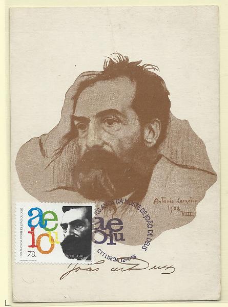 1955.jpg -     Lote:    1955      Lotes pelo Correio              Descrição:         João de Deus. Postal ilustrado concordante com selo CE2331, obliterados com carimbo de 1.º dia de circulação de Lisboa (12.04.96).        PM       Valor Base:     &euro; 15,00     Valor Venda:     Retirado     