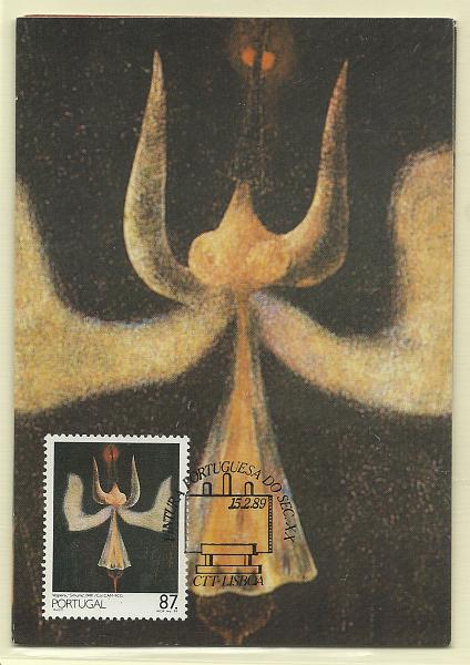 1958.jpg -     Lote:    1958      Lotes pelo Correio              Descrição:         Pintura. Dacosta, Vespeira, Carlos Calvet. Lote de quatro postais ilustrados concordantes com selo CE1879, 1881 e 1901, obliterados com carimbo de 1.º dia de circulação de Lisboa.        PM       Valor Base:     &euro; 32,00     Valor Venda:     &euro; 32,00       