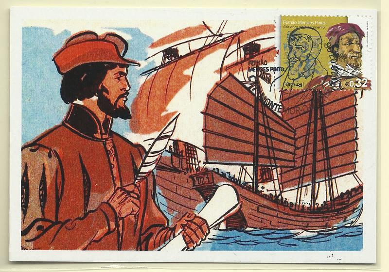1963.jpg -     Lote:    1963      Lotes pelo Correio              Descrição:         Fernão Mendes Pinto. Postal ilustrado concordante com selo CE3943, obliterados com carimbo de 1.º dia de circulação de Montemor-o-Velho (22.04.10).        PM       Valor Base:     &euro; 12,00     Valor Venda:     &euro; 12,00       