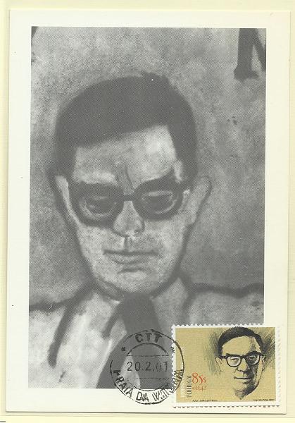 1966.jpg -     Lote:    1966      Lotes pelo Correio              Descrição:         Vitorino Nemésio. Postal ilustrado concordante com selo CE2741, obliterados com marca de dia de Praia da Vitória (20.02.2001).        PM       Valor Base:     &euro; 8,00     Valor Venda:     Retirado     