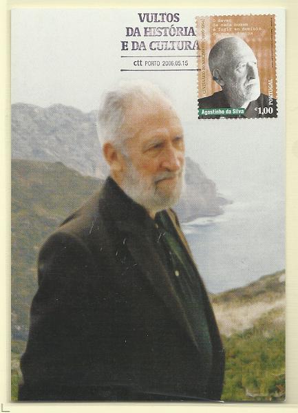 1967.jpg -     Lote:    1967      Lotes pelo Correio              Descrição:         Agostinho da Silva. Postal ilustrado concordante com selo CE3406, obliterados com carimbo de 1.º dia de circulação de Lisboa (15.05.2006).        PM       Valor Base:     &euro; 6,00     Valor Venda:     Retirado     