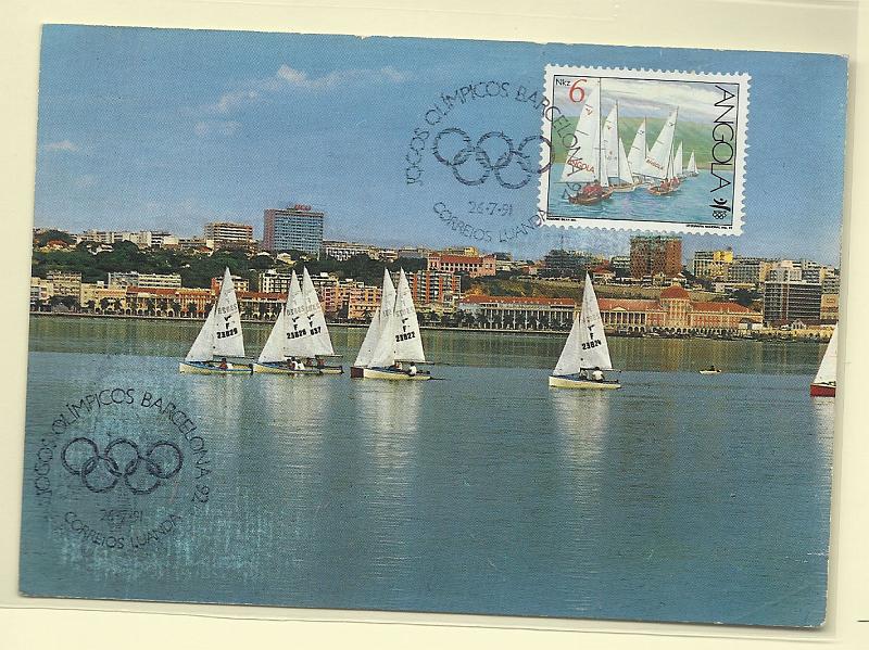 1974.jpg -     Lote:    1974      Lotes pelo Correio              Descrição:         Angola &mdash; Vela (Jogos Olímpicos de Barcelona). Postal ilustrado concordante com selo de 6Kzs AR256 com carimbo comemorativo do 1.º dia de circulação de Luanda (26.07.91).        PM       Valor Base:     &euro; 10,00     Valor Venda:     Retirado     