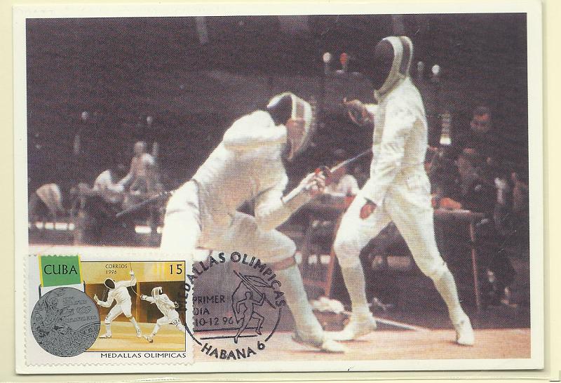 1979.jpg -     Lote:    1979      Lotes pelo Correio              Descrição:         Cuba &mdash; Esgrima. Postal ilustrado concordante com selo de 15c Yv, obliterados com carimbo de 1.º dia de circulação de Havana (10.12.96).        PM       Valor Base:     &euro; 5,00     Valor Venda:     Retirado     