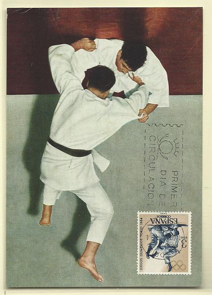 1980.jpg -     Lote:    1980      Lotes pelo Correio              Descrição:         Espanha - Judo. Postal ilustrado concordante com selo de 3pts Yv 1282, obliterados com carimbo de 1.º dia de circulação de Madrid (10.10.64).        PM       Valor Base:     &euro; 3,00     Valor Venda:     Retirado     