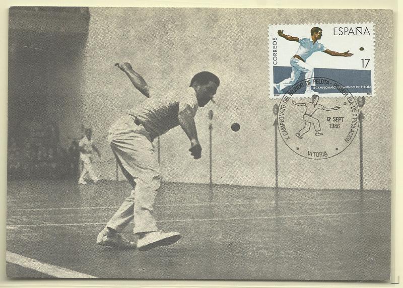 1982.jpg -     Lote:    1982      Lotes pelo Correio              Descrição:         Espanha &mdash; Pelota basca. Postal ilustrado concordante com selo de 17 Pts, obliterados com carimbo de 1.º dia de circulação de Vitória (2.09.86). Triplo.        PM       Valor Base:     &euro; 4,00     Valor Venda:     Retirado     