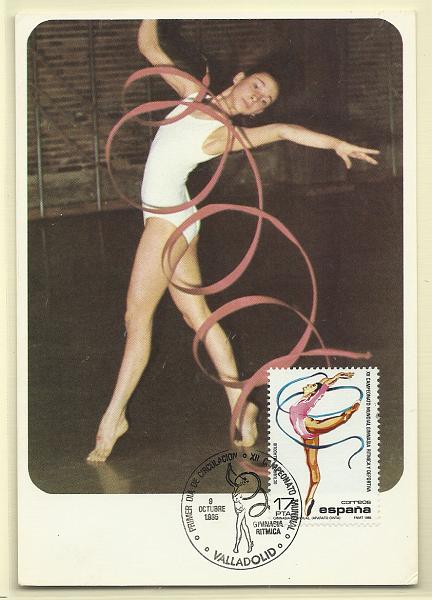 1983.jpg -     Lote:    1983      Lotes pelo Correio              Descrição:         Espanha &mdash; Ginástica rítmica * feminina. Fitas. Postal ilustrado concordante com selo de 17 Pst, obliterados com carimbo de 1.º dia de circulação de Valhadolid (09.10.85). Triplo.        PM       Valor Base:     &euro; 7,00     Valor Venda:     Retirado     
