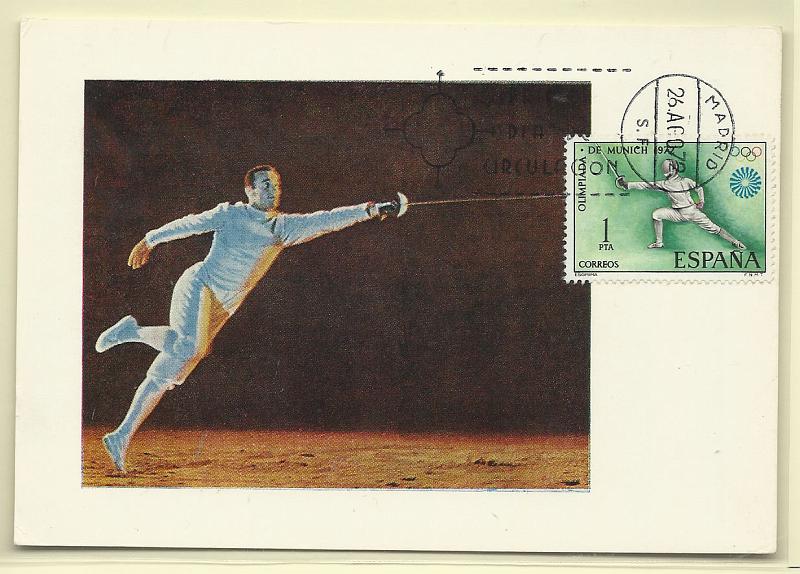 1985.jpg -     Lote:    1985      Lotes pelo Correio              Descrição:         Espanha &mdash; Esgrima. Postal ilustrado concordante com selo de 1Pst Yv 1752, obliterados com carimbo de 1.º dia de circulação de Madrid (26.08.78).        PM       Valor Base:     &euro; 5,00     Valor Venda:     Retirado     