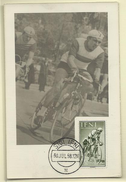 1993.jpg -     Lote:    1993      Lotes pelo Correio              Descrição:         Ifni &mdash; Ciclismo. Postal ilustrado concordante com selos de 70cts Yv122, obliterados com marca de dia de Sidi Ifni (30.07.58).        PM       Valor Base:     &euro; 25,00     Valor Venda:     Retirado     