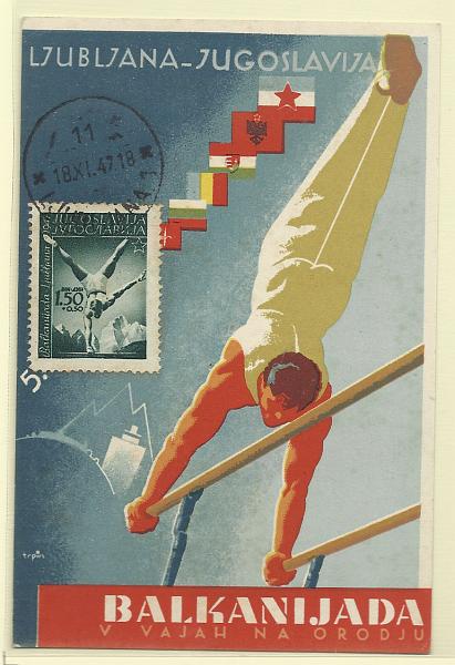 1997.jpg -     Lote:    1997      Lotes pelo Correio              Descrição:         Jugoslávia &mdash; Ginástica * Barras paralelas. Postal ilustrado concordante com selo de 1,50 + 0,50, Yv466, obliterados com marca de dia de Ljubliana (18.11.47).        PM       Valor Base:     &euro; 20,00     Valor Venda:     Retirado     
