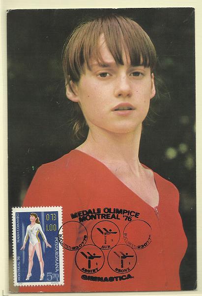 2003.jpg -     Lote:    2003      Lotes pelo Correio              Descrição:         Roménia &mdash; Nádia Comanecci" * Ginasta. Postal ilustrado concordante com selo de 5,70L Yv 2990, obliterados com carimbo comemorativo de Bucareste (23.07.76).        PM       Valor Base:     &euro; 10,00     Valor Venda:     Retirado     