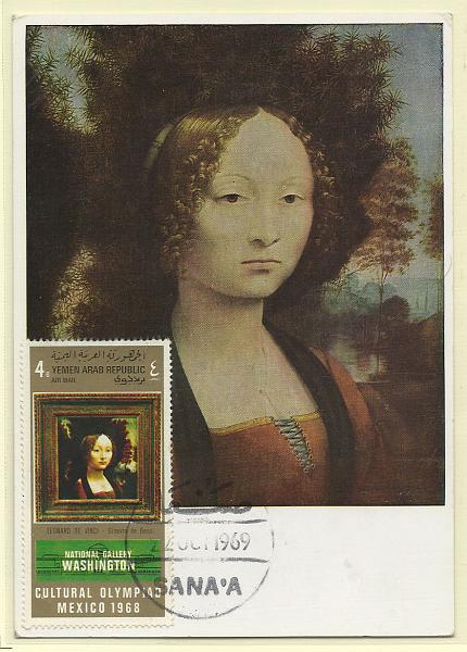 2005.jpg -     Lote:    2005      Lotes pelo Correio              Descrição:      Yemen.   Postal máximo com quando de Leonardo da Vinci "Ginevra de Benci".        PM       Valor Base:     &euro; 5,00     Valor Venda:     &euro; 5,00       