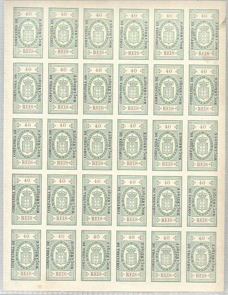 2103.jpg -     Lote:    2103      Lotes pelo Correio              Descrição:         Fiscais. 1899 &mdash; Armas do Reino de Moçambique, com sobrecarga COMP.ª DE MOÇAMBIQUE. Folha completa da taxa de 40 reis.        ***       Valor Base:     &euro; 5,00     Valor Venda:     Retirado     