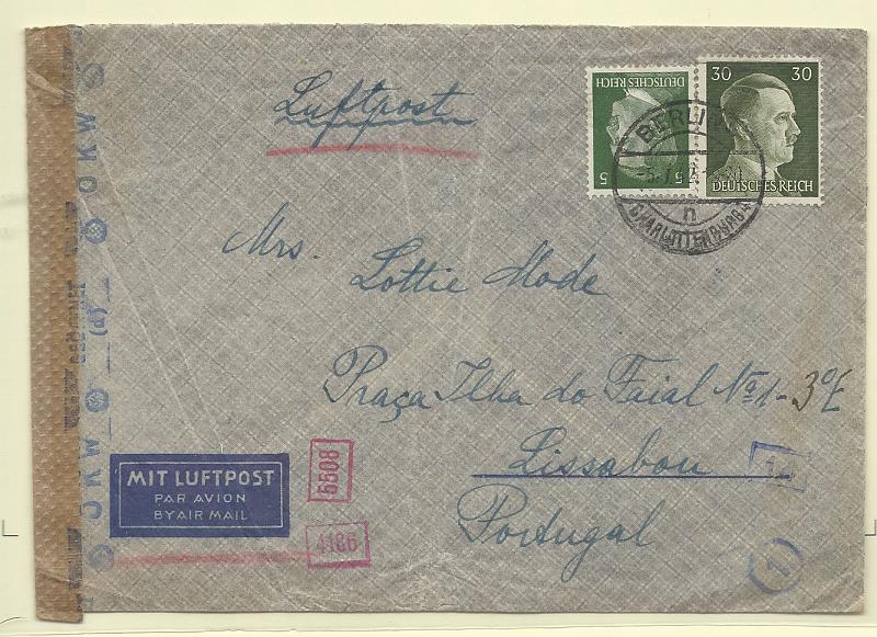 2113.jpg -     Lote:    2113      Lotes pelo Correio              Descrição:      Alemanha &mdash;   Sobrescrito circulado por via aérea de Berlim para lisboa (10.07.42) com selos de 5 e 30pf.        Aéreo       Valor Base:     &euro; 20,00     Valor Venda:     Retirado     
