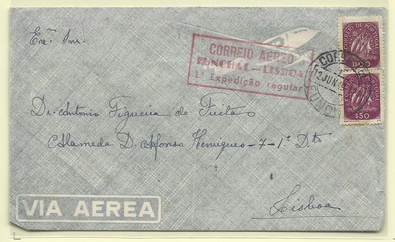 2114.jpg -     Lote:    2114      Lotes pelo Correio              Descrição:         1949 (12.06) &mdash; 1.º Voo Funchal &mdash; Lisboa. 1.ª Expedição Regular. Sobrescrito circulado com dois selos tipo Caravela do Funchal (12.06.49) para Lisboa. Carimbo comemorativo batido a vermelho.        Aéreo       Valor Base:     &euro; 5,00     Valor Venda:     &euro; 5,00       