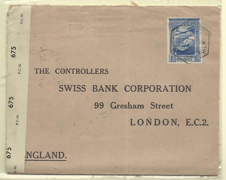 2117.jpg -     Lote:    2117      Lotes pelo Correio              Descrição:         1938 &mdash; Correio Aéreo. Império Colonial Português. Sobrescrito circulado de Moçambique (27.05.43) para Londres com quadra de 20c (verso) CE CA2 + selo de 1E CE CA4.        Carta       Valor Base:     &euro; 10,00     Valor Venda:     Retirado     
