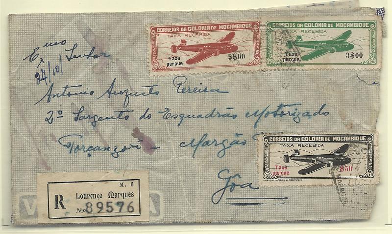 2118.jpg -     Lote:    2118      Lotes pelo Correio              Descrição:         1947 &mdash; Correio Aéreo. 1947 &mdash; "Avião", com legenda Taxe perçue". Sobrescrito circulado de registado L. Marques para Margão (27.10.47) com selos de $50, 3$00 e 5$00. CE CA16, 18 e 20.        Aéreo       Valor Base:     &euro; 5,00     Valor Venda:     &euro; 5,00       