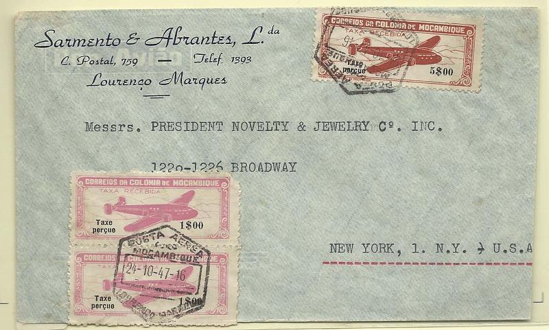 2119.jpg -     Lote:    2119      Lotes pelo Correio              Descrição:         1947 &mdash; Correio Aéreo. "Avião", com legenda "Taxe Perçue". Sobrescrito circulado de L. Marques (24.10.47) para Nova York, com selo de 5$00 e par de 1$00. CE17 e 20.        Aéreo       Valor Base:     &euro; 10,00     Valor Venda:     Retirado     