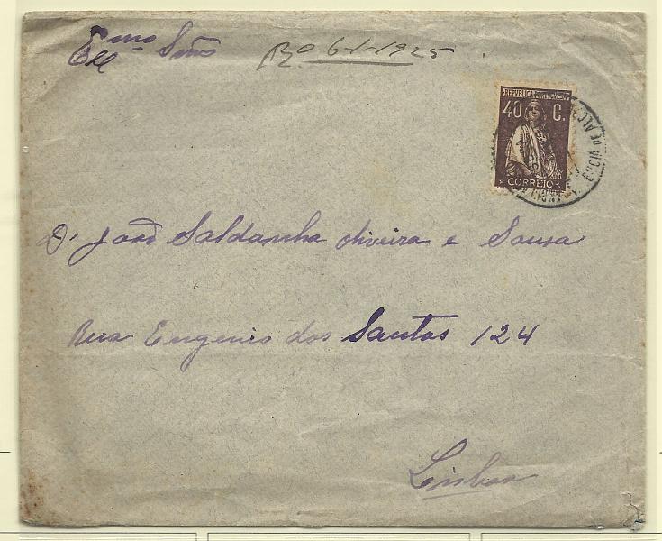 2122.jpg -     Lote:    2122      Lotes pelo Correio              Descrição:         Correio ferroviário. 1924/26 &mdash; Ceres. Sobrescrito circulada em Lisboa (06.01.25) com selo de 40c chocolate CE283. Carimbo batido a preto "AMBULÂNCIA POSTAL / VALENCIA DE ALCÂNTAR i"        Carta       Valor Base:     &euro; 12,00     Valor Venda:     &euro; 12,00       