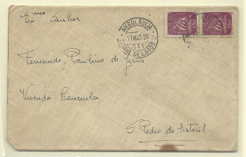 2123.jpg -     Lote:    2123      Lotes pelo Correio              Descrição:         Correio ferroviário. 1943 &mdash; Caravela. Sobrescrito circulado pela AMBULÂNCIA / RAMAL DE LAGOS (17.03.50) para S. Pedro do Estoril, com dois selos de $50.        Carta       Valor Base:     &euro; 5,00     Valor Venda:     &euro; 12,00       
