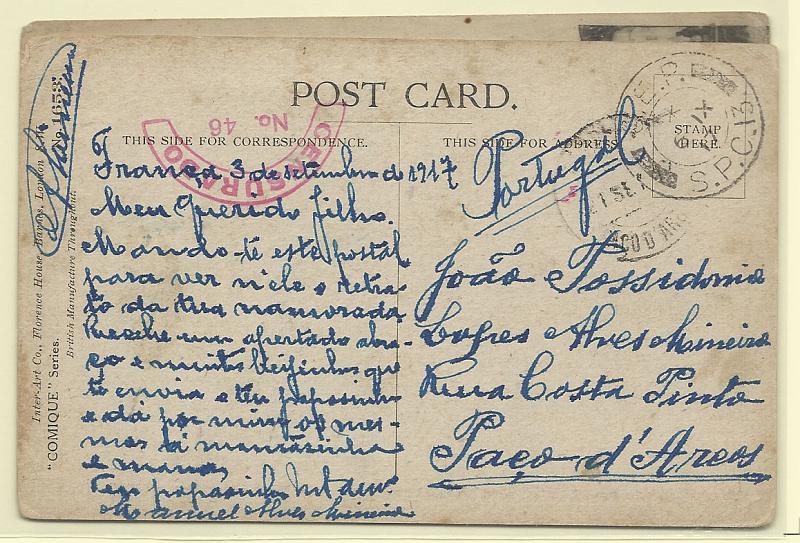 2126.jpg -     Lote:    2126      Lotes pelo Correio              Descrição:         1914/19 - 1.* Guerra Mundial. Isentos de franquia e censuras. Lote de dois postais ilustrados circulados de França para Portugal do SPC13. Censurados.        PI       Valor Base:     &euro; 7,00     Valor Venda:     Retirado     