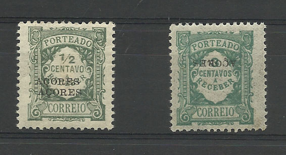 2143.jpg -     Lote:    2143      Lotes pelo Correio       Açores       Descrição:         1922/24 &mdash; Porteado. Emissão regular unicolor, com sobrecarga Açores. Lote de dois selos sendo um de &frac12; c CE POR22 com dupla sobrecarga e outro de 3c CE POR25 com sobrecarga invertida.        ***       Valor Base:     &euro; 4,00     Valor Venda:     &euro; 4,00       