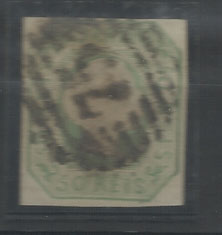 2146.jpg -     Lote:    2146      Lotes pelo Correio       Portugal       Descrição:         1853 &mdash; D. Maria II. CE3, 50 reis verde, com margens muito curto. Carimbo da 1.ª reforma "75 &mdash; VILA DO CONDE" tipo 3.5.3. valor de catálogo &euro; 1.770,00.        O       Valor Base:     &euro; 15,00     Valor Venda:     &euro; 15,00       