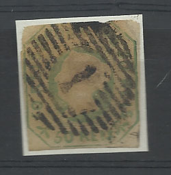 2147.jpg -     Lote:    2147      Lotes pelo Correio       Portugal       Descrição:         1853 &mdash; D. Maria II. CE3, 50 reis com margens muito curtas.        O       Valor Base:     &euro; 40,00     Valor Venda:     Retirado     