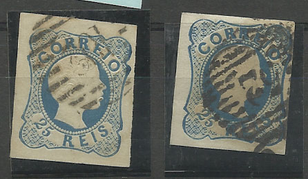 2152.jpg -     Lote:    2152      Lotes pelo Correio       Portugal       Descrição:         1856/58 &mdash; D. Pedro V. cabelos anelados. CE12, 25 reis azul, linhas duplas. Lote de dois selos dos cunhos I e II. Valor de catálogo &euro; 60,00.        O       Valor Base:     &euro; 12,00     Valor Venda:     Retirado     