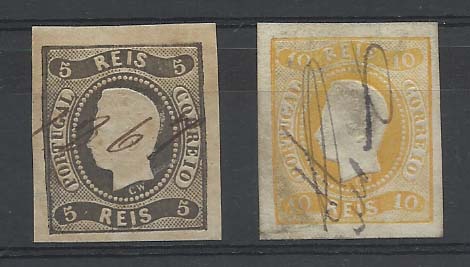2157.jpg -     Lote:    2157      Lotes pelo Correio       Portugal       Descrição:         1866/67 &mdash; D. Luís I. Fita curva, não denteados. Lote de dois selos de 5 e 10 reis, obliterados à pena CE19/20. Utilização fiscal.        O       Valor Base:     &euro; 15,00     Valor Venda:     Retirado     