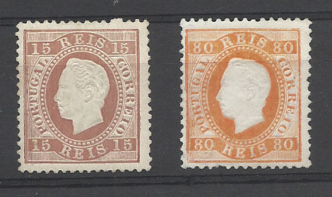 2164.jpg -     Lote:    2164      Lotes pelo Correio       Portugal       Descrição:         1870/76 &mdash; D. Luís I. Fita direita. Lote de dois selos: CE38, 15 reis, denteado 13 &frac12; (goma com charneira) + CE42, 80 reis laranja (sem goma).        **/*       Valor Base:     &euro; 20,00     Valor Venda:     Retirado     
