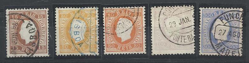 2165.jpg -     Lote:    2165      Lotes pelo Correio       Portugal       Descrição:         1870/76 &mdash; D. Luís I, fita direita. CE38, 39, 42 e 47. Lote de 5 selos (dois de 80 reis em diversas tonalidades) em denteado 12 &frac12;, papel porcelana. Valor de catálogo &euro; 196,50.        O       Valor Base:     &euro; 15,00     Valor Venda:     &euro; 21,00       