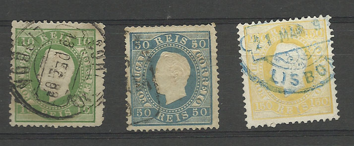 2167.jpg -     Lote:    2167      Lotes pelo Correio       Portugal       Descrição:         1879/80 &mdash; D. Luís I. Fita direita. Novas cores. CE49/51. Série completa. Valor de catálogo &euro; 175,00.        O       Valor Base:     &euro; 20,00     Valor Venda:     &euro; 20,00       