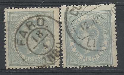 2170.jpg -     Lote:    2170      Lotes pelo Correio       Portugal       Descrição:         1880/81 &mdash; D. Luís I, de perfil. CE53, 25 reis azul cinzento, Lote de dois selos em denteados 12 &frac12; e 13 &frac12;. Valor de catálogo &euro;100,00.        O       Valor Base:     &euro; 8,00     Valor Venda:     Retirado     