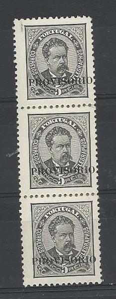 2179.jpg -     Lote:    2179      Lotes pelo Correio       Portugal       Descrição:         1892/93 &mdash; D. Luís I. Sobrecargas "PROVISORIO". CE80, 5 reis preto, denteado 11 &frac12;. Tira vertical de 3 selos. Valor de catálogo &euro; 85,20        **       Valor Base:     &euro; 10,00     Valor Venda:     Retirado     