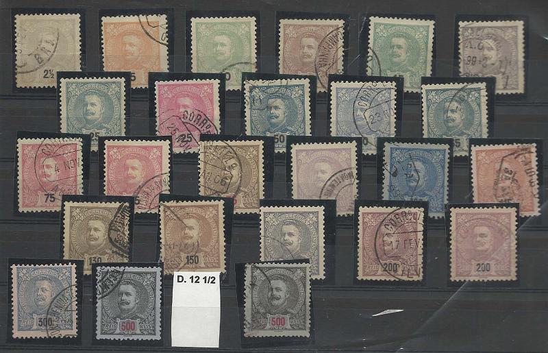 2186.jpg -     Lote:    2186      Lotes pelo Correio       Portugal       Descrição:         1895/96 &mdash; D. Carlos I, tipo Mouchon. CE126/139. Série completa usada com duplicações dos selos de 75, 100, 200 e 500 reis, este em denteados 11 &frac12; e 12 &frac12;..        O       Valor Base:     &euro; 15,00     Valor Venda:     &euro; 15,00       