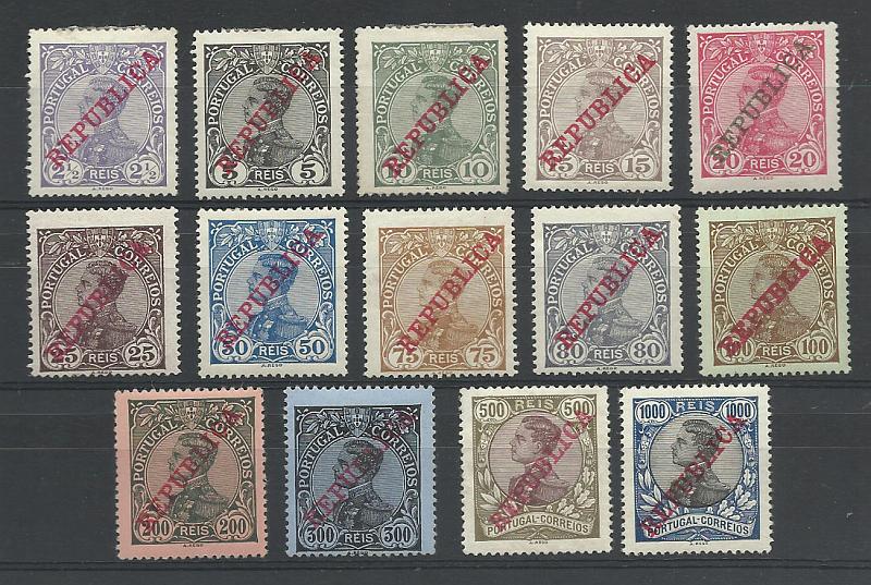 2191.jpg -     Lote:    2191      Lotes pelo Correio       Portugal       Descrição:         1910 &mdash; D. Manuel II, com sobrecarga REPUBLICA. CE170/183. Série completa. Valor de catálogo &euro; 125,00.        **       Valor Base:     &euro; 12,00     Valor Venda:     &euro; 17,00       